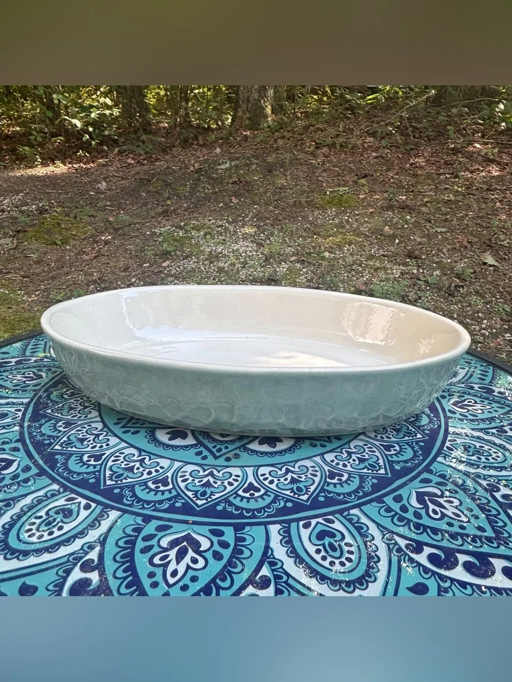 Artisan Studio Pottery 11” Oval Au Gratin Baking Serving Dish Textured Aqua Blue